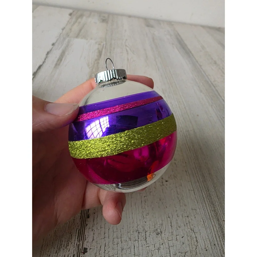 Vintage shiny brite indent striped glitter ball ornament pink purple green Xmas